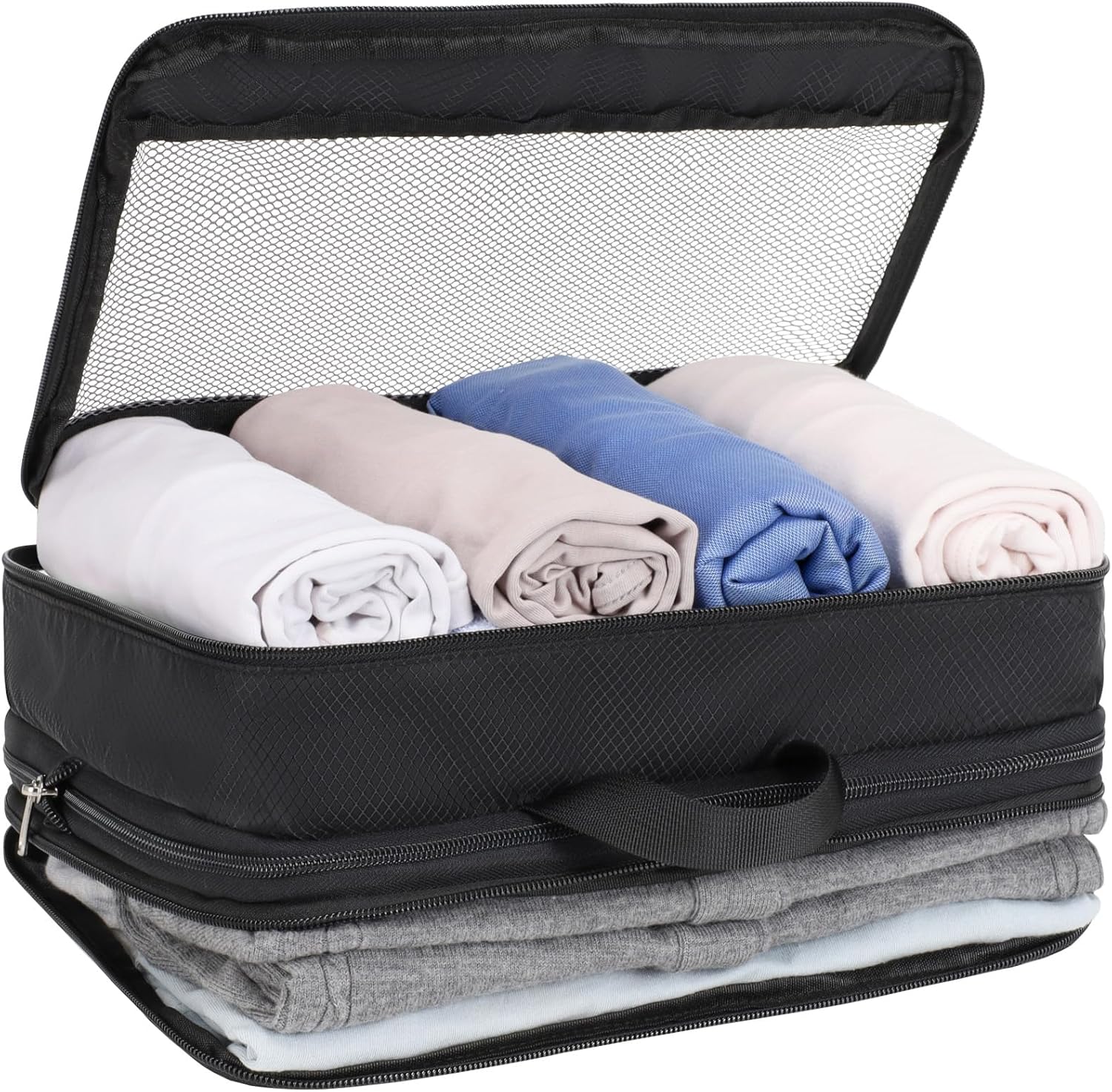 Double Sided Compression Packing Cubes - Expandable See Through Mesh Compression Cubes for Travel, Separate Clean and Dirty Clothes Efficient Packing Organizers for Road Trip, Cruise